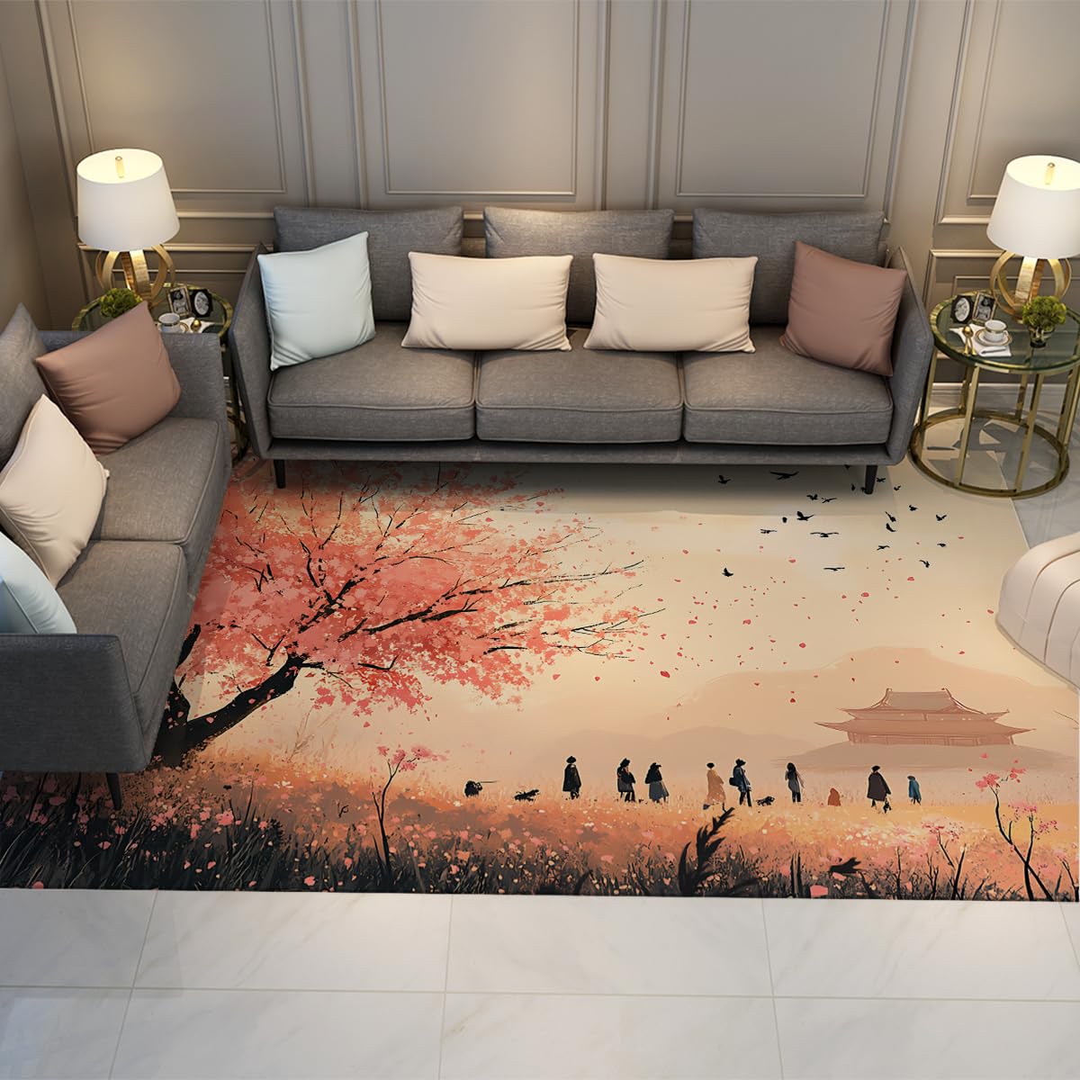 Tapis japonais salon motif oiseau et fleur de cerisier pour une ambiance zen