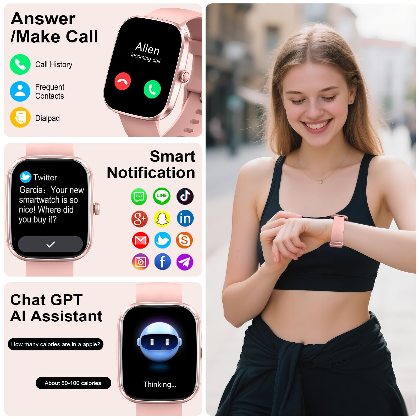 uaue AI smartwatch uomo donna 1.91" orologio fitness integrato ChatGPT-AI e funzione telefono, orologio cardiofrequenzimetro/sonno/contapassi/110+ modalità sport Smart Watch, IP68 impermeabile