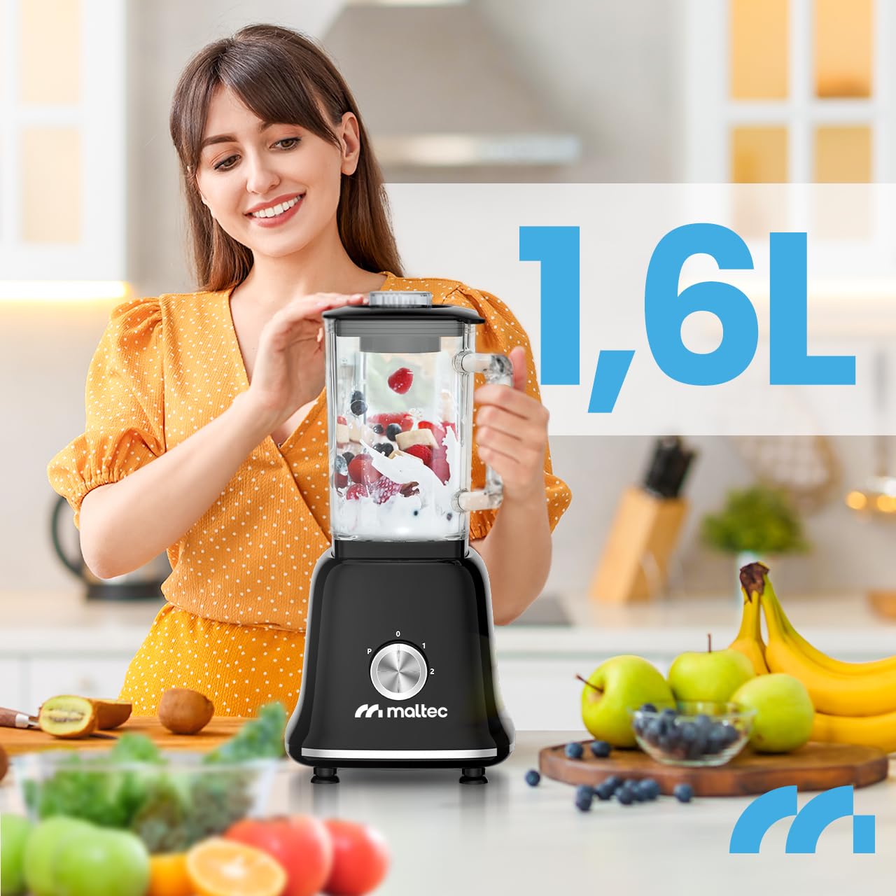 MalTec Standmixer Glas Smoothie Maker für Cocktails BL1800W Blender, Mühle,2 Bidons 1,6l Schwarz