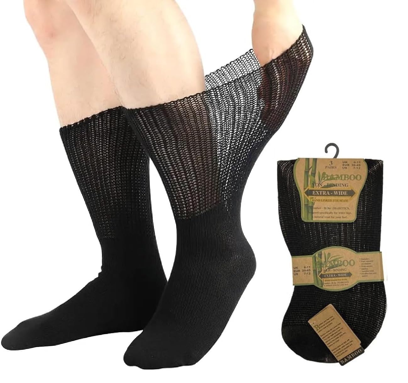 OnlyBee Mens Extra Wide Diabetic Healthy Socks 3 Pairs Bamboo for Swollen Feet & Legs Soft Loose Top Diabetes Breathable Hand Linked Toe UK 6-11