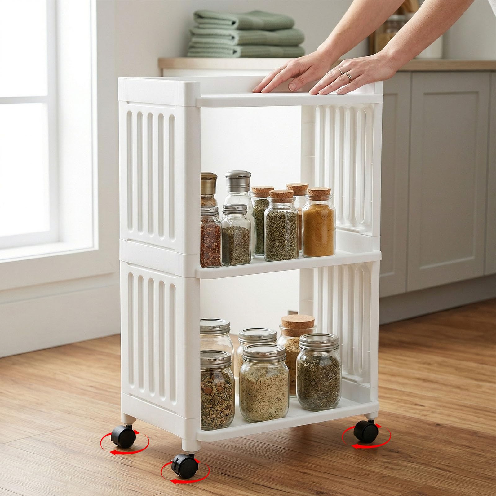 Carrello per fai da te, a 3 ripiani, in plastica, con 4 ruote, per bagno, cucina, bagno, soggiorno, ufficio, leggero, colore: bianco