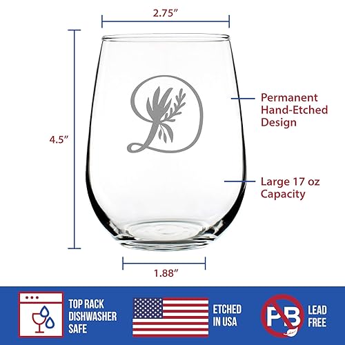 Miniatura 4 de Monogram Floral Letter D - Stemless Wine Glass - Personalized Gifts for Women and Men - Large Engraved 17 Oz Glasses