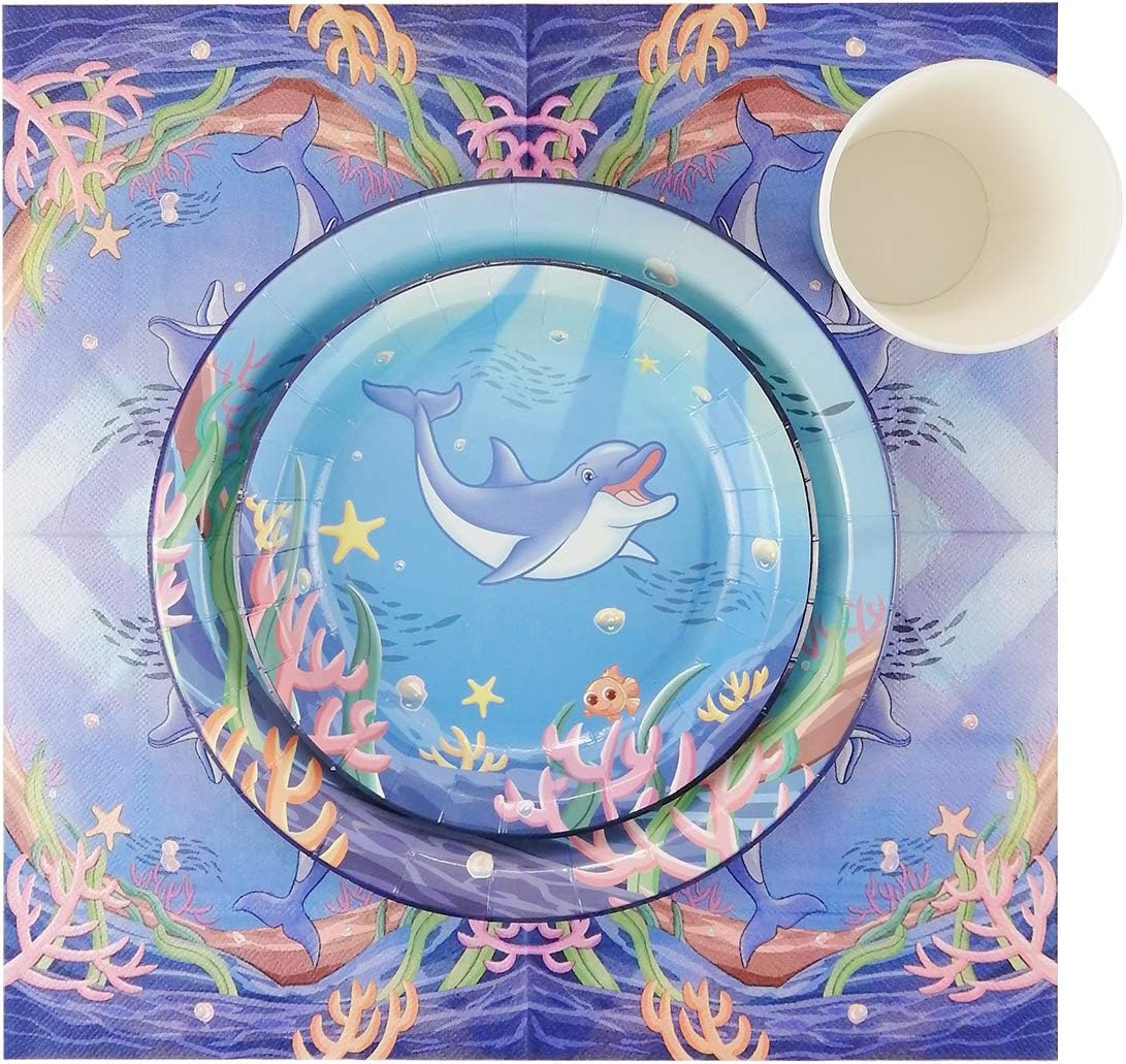 Cieovo Ocean Sea Life Dolphin Party Pack, Serves 16 Guest -Including Dinner Plates, Luncheon Napkins and Cups Supply Tableware Set Kit for Underwater World Creatures Dolphin Theme Party Decorations : Home & Kitchen