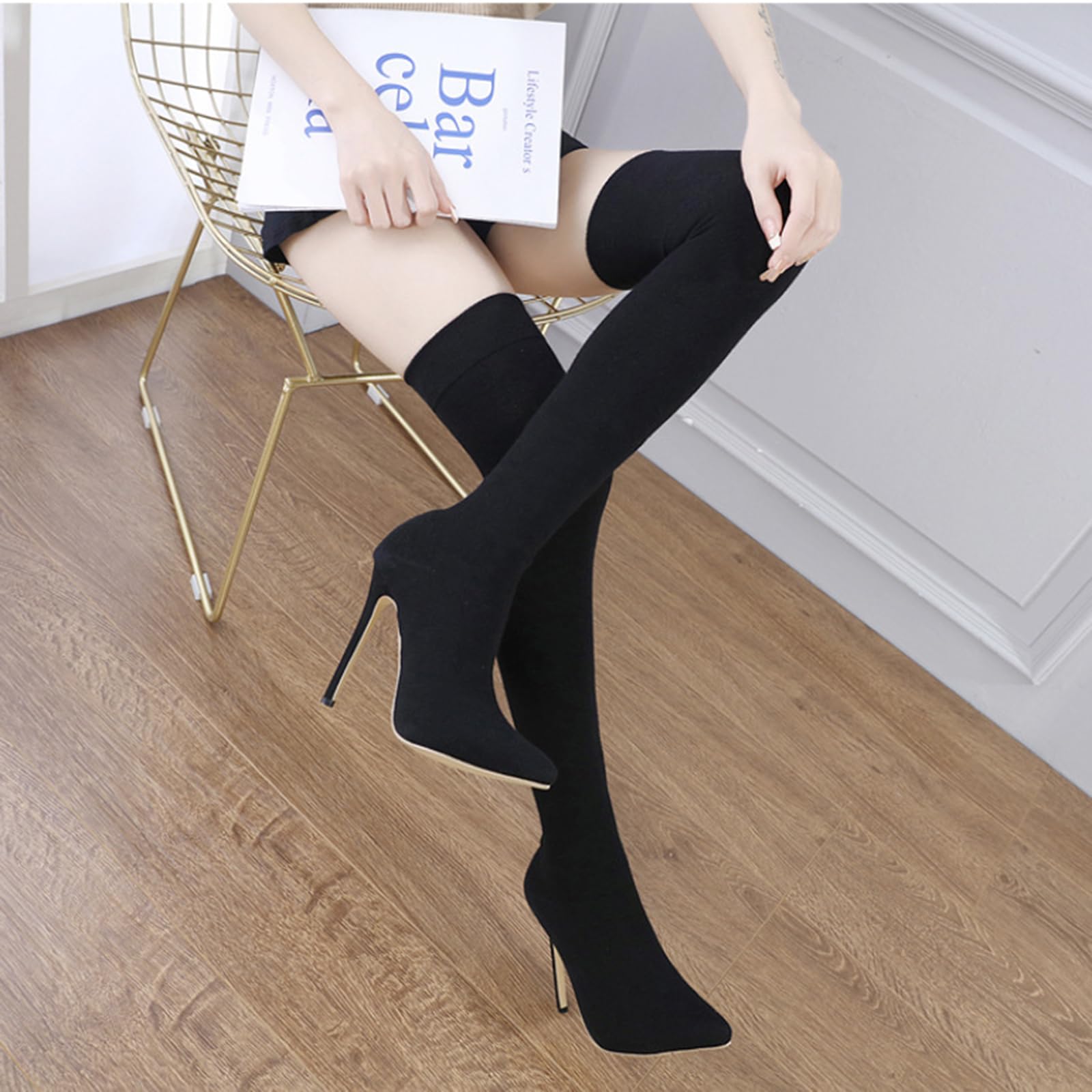11CM/4.33IN Over-The-Knee Alti Stivali in Pelle Scamosciata Elastico Over-The-Knee Stivali a Punta Moda Sexy Tacco a Spillo Stivali al Ginocchio