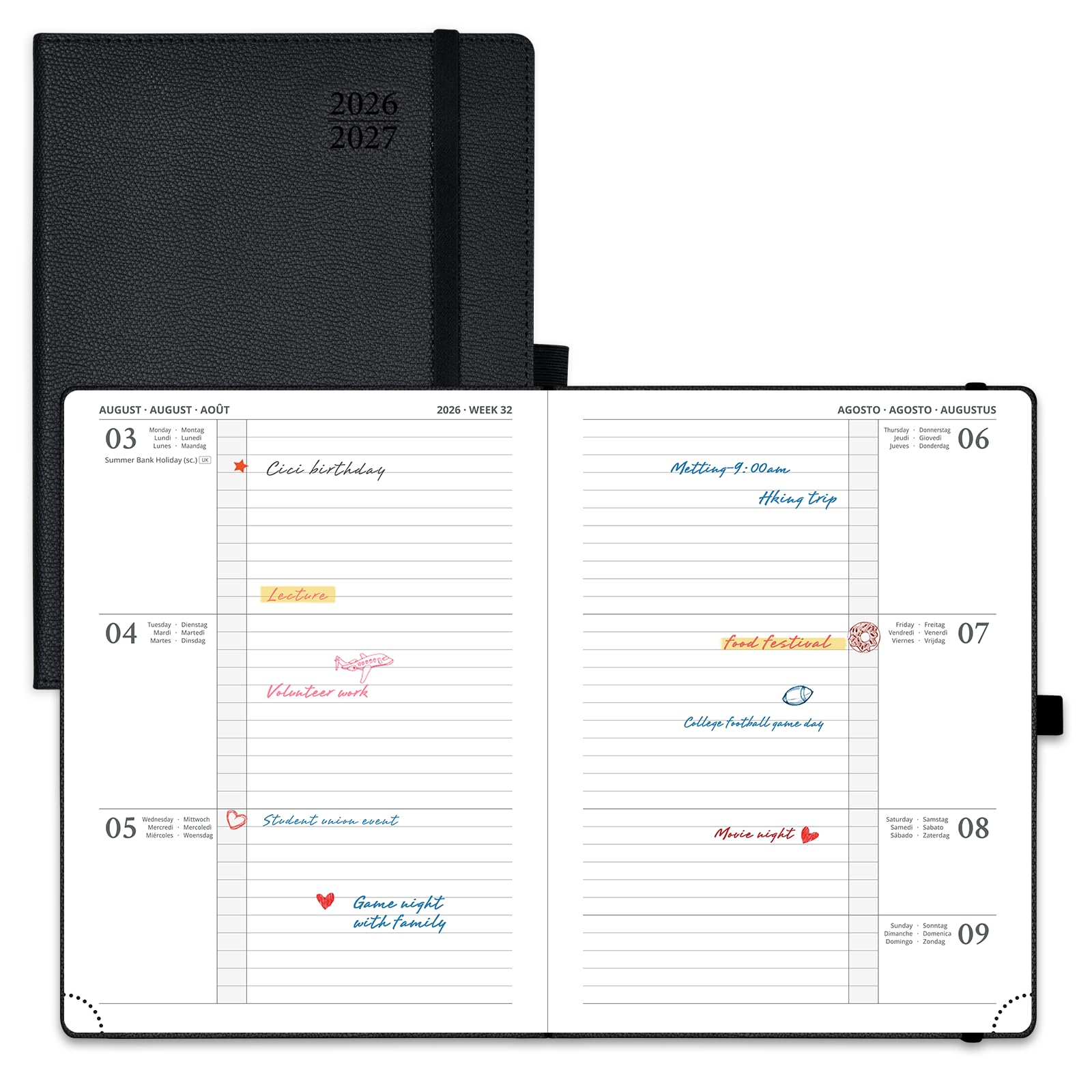 POPRUN A5 Academic Diary 2026-2027 Hardback Week to View (22x16.5 cm) 26/27 Horizontal Weekly Planner 17 Months (Aug'26 - Dec'27) Mid Year(Black)