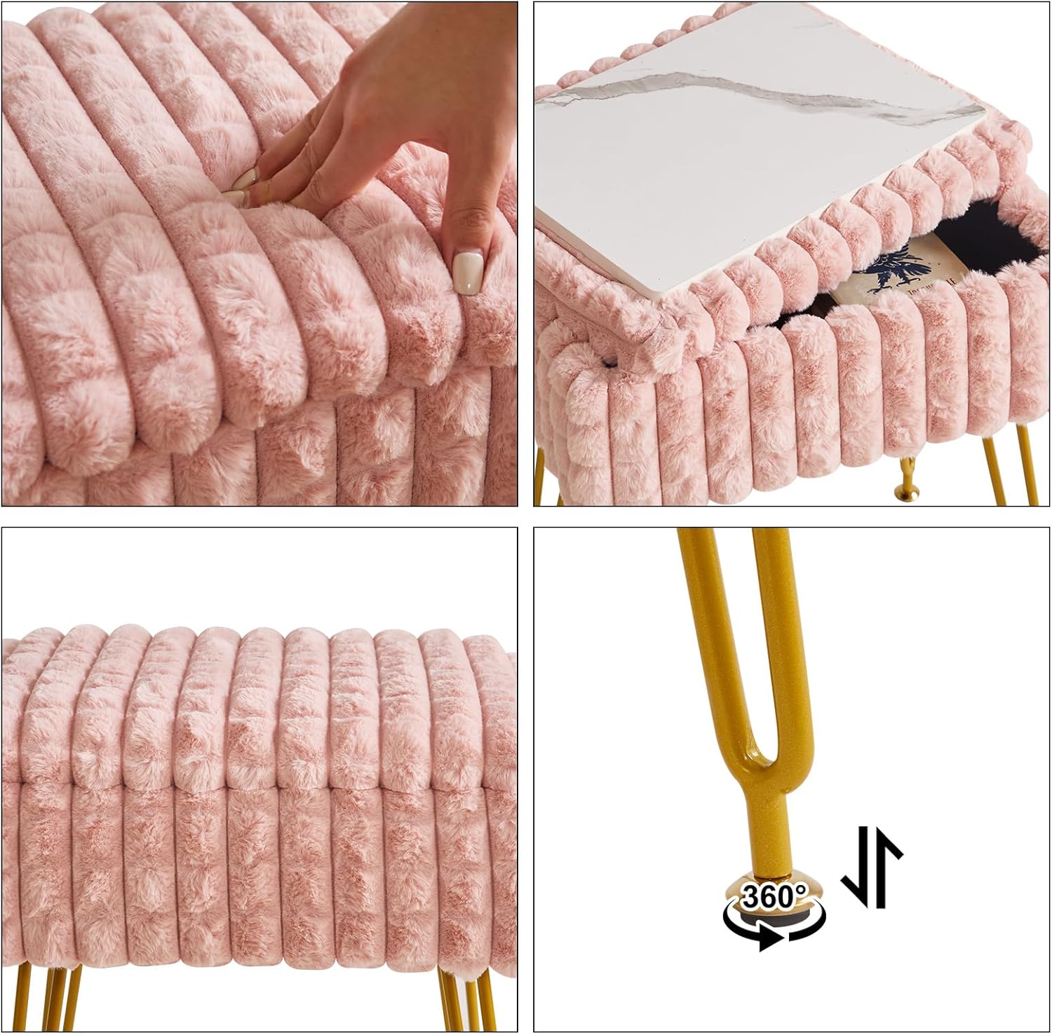 IBUYKE Rectangle Vanity Chair with Storage Space, Footrest Footstool Ottoman, Vanity Stool, Dressing Table Chair, with Anti-Slip Feet, for Makeup Room, Bedroom, Square Grid Pattern, Pink WBD004P - Image 7