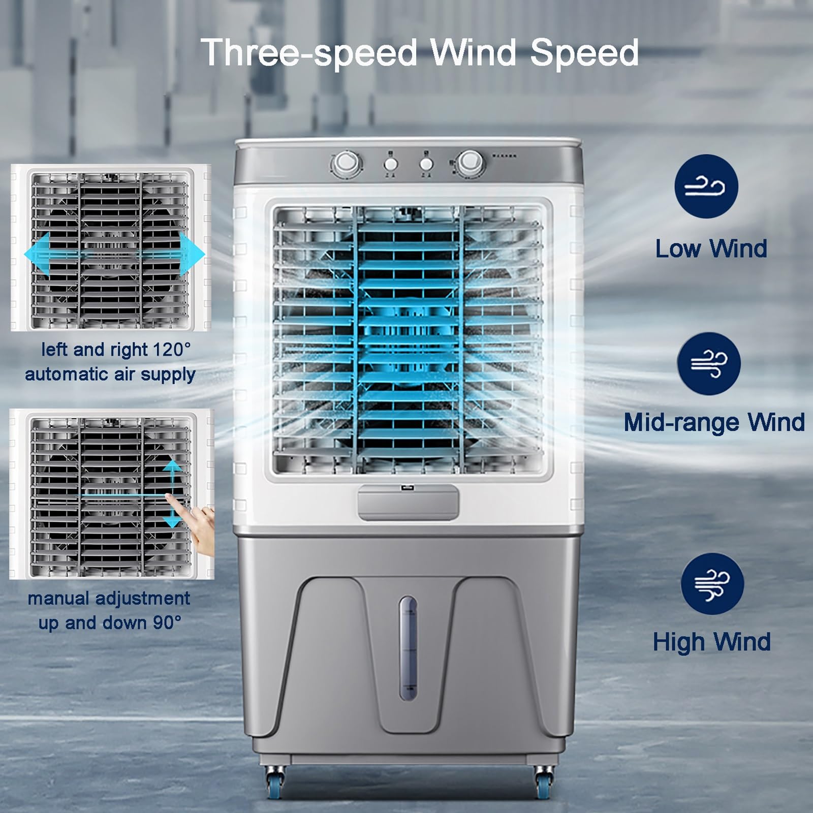 Enfriador de aire evaporativo portátil, volumen de aire de 23000 m³/h, oscilación de 120°, depósito de agua de 35 L/50 L para refrigeración comercial, de oficinas y doméstica (46 x 34 x 85 cm).