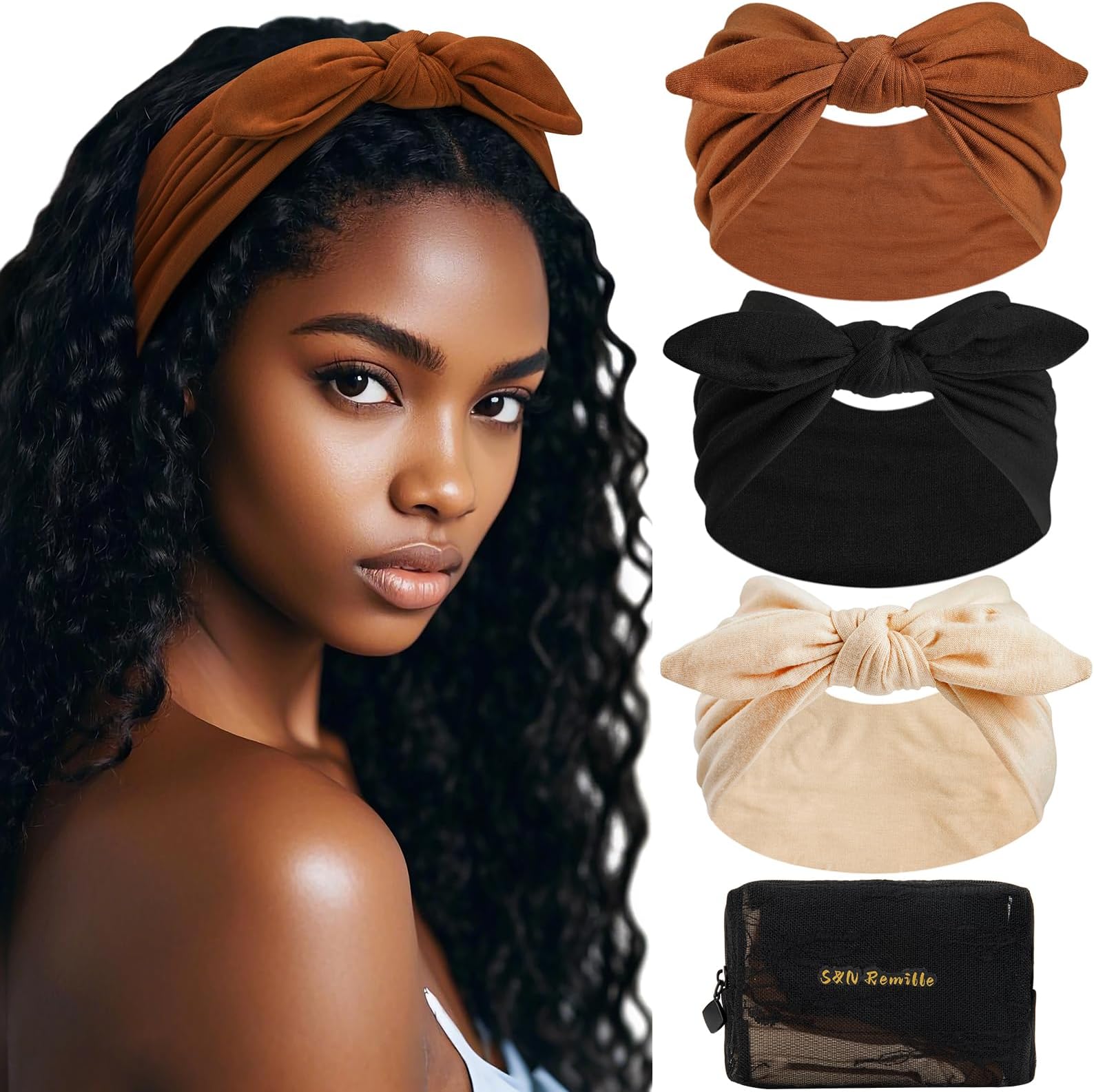 S&N Remille Wide Headbands for Women, Large Hairband, Elastic Non-Slip Headband Twist Knotted Accessories, Yoga Workout Vintage Hair 3 Pack (Multi-colored-5)