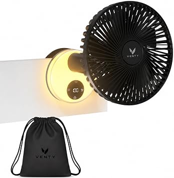 VENTY Portable Clip Fan - Rechargeable 10-Hour Battery Portable Fan - 360 Rotation & 90 Tilt - Stroller, Desk or Bedside - Aromatherapy & LED Light - USB-C cable & Carrying Pouch