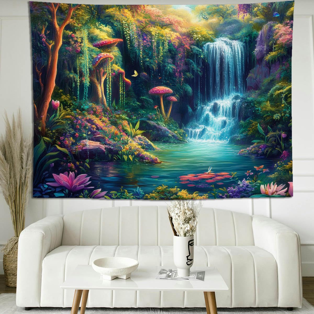 keowhsf Forest Waterfall Tapestry with Mushrooms and Flowers – Colorful Floral Plants Natural Landscape Wall Art, Fantasy Aesthetic Wall Hanging for