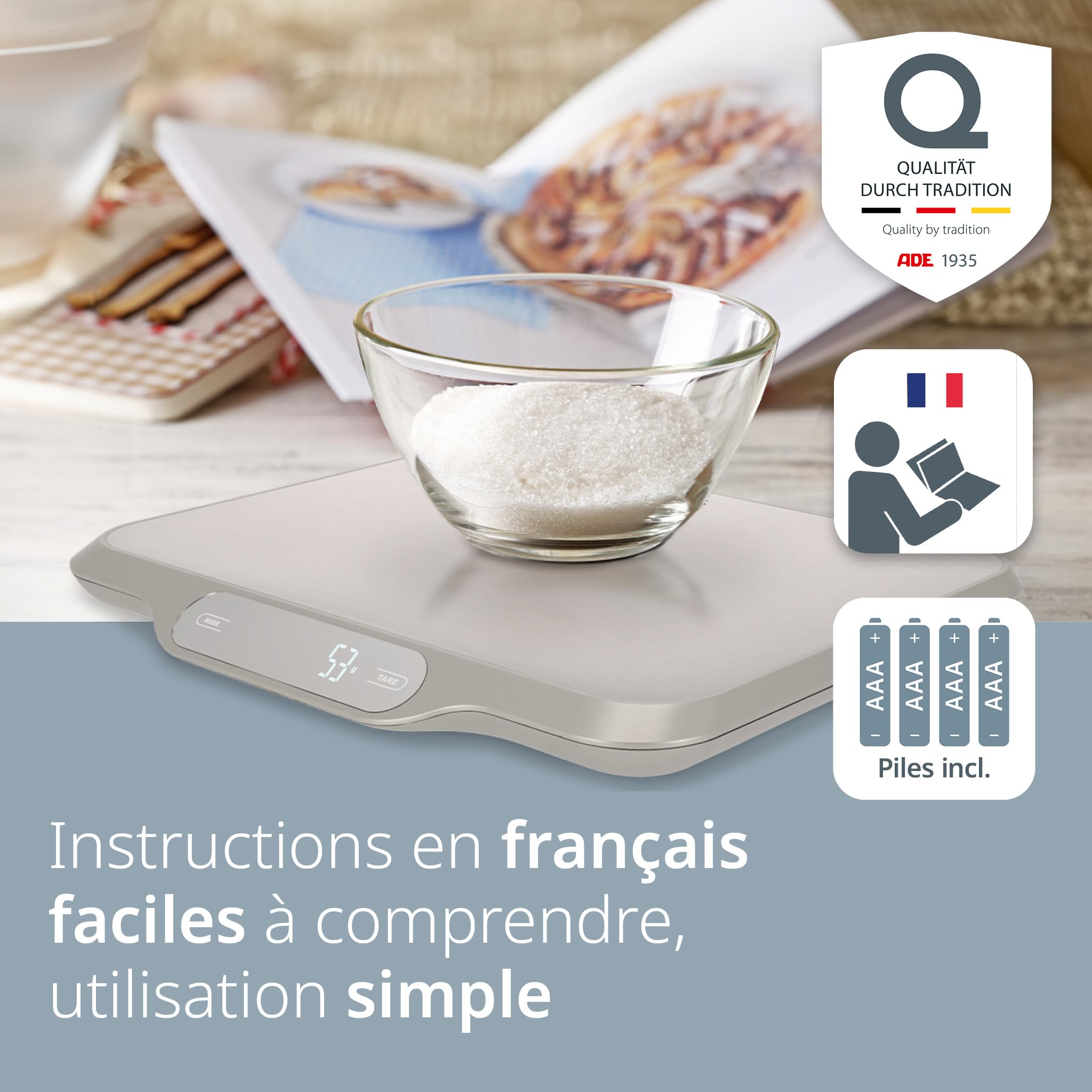 ADE Grande balance de cuisine électronique à grande surface en acier inoxydable pour une pesée précise jusqu'à 15 kg. Fonction tare (tare), maintien automatique. Incl. batterie. Argent | KE1601 Ladina