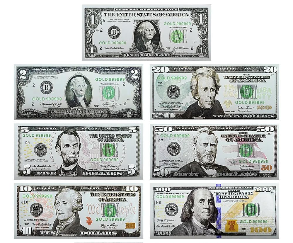 US Gold/Silver Plated Foil Dollars Banknotes 1-2-5-10-20-50-100 USD Plastic Antique Uncurrency Gifts 7pcs Set-image-43