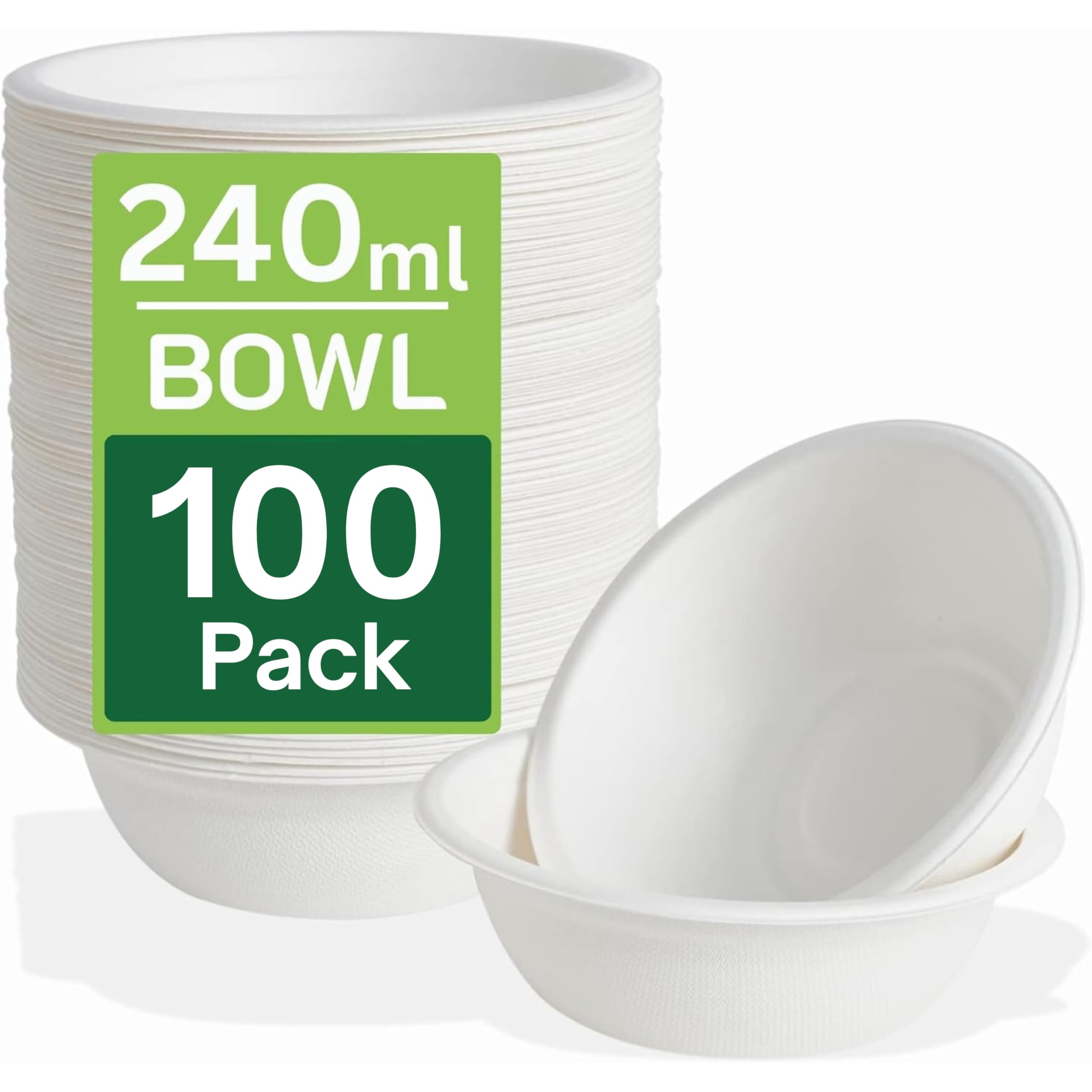 Ask Packaging 100 Pack Strong Paper Bowls, 240ml Small Disposable Compostable Bagasse Bowl for Party