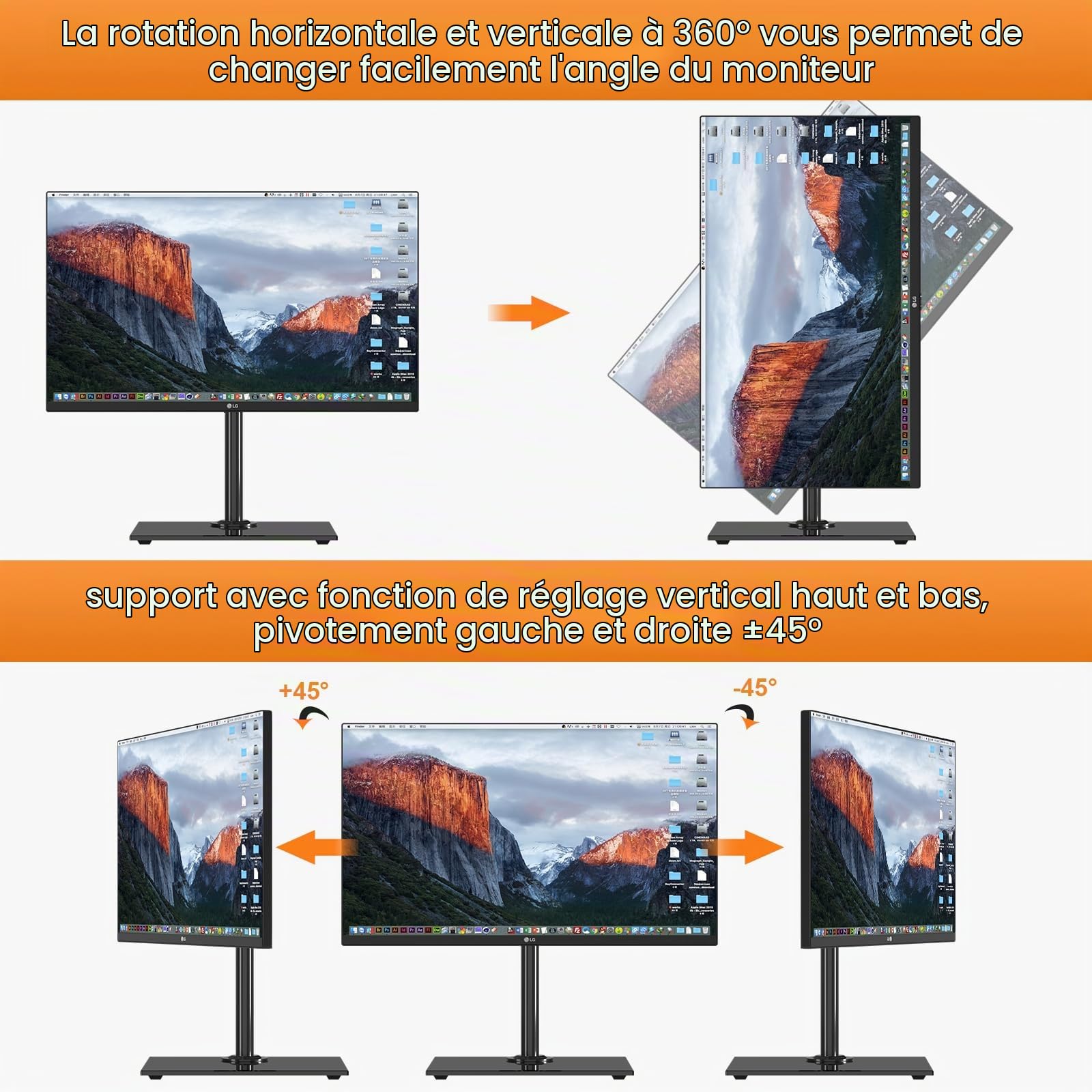 Pholiten Support Ecran PC pour écran 13-32 Pouces jusqu'à 10 kg, Support Ecran avec Construction Solide, Pied Ecran PC, Inclinaison réglable ±25°, Pivotement ±80°, Rotation 360°, VESA 75/100 mm
