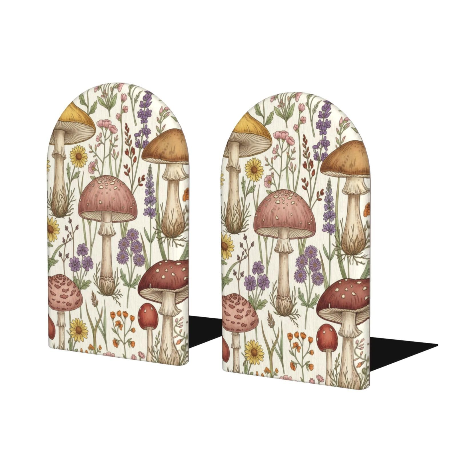 Wood Bookends for Shelves, Retro Mushroom Plant Decorative Non-Slip Book Ends for Home Office Decor, Aesthetic Book Holder/Stands/Stopper, Desk Organizers, Book Dividers