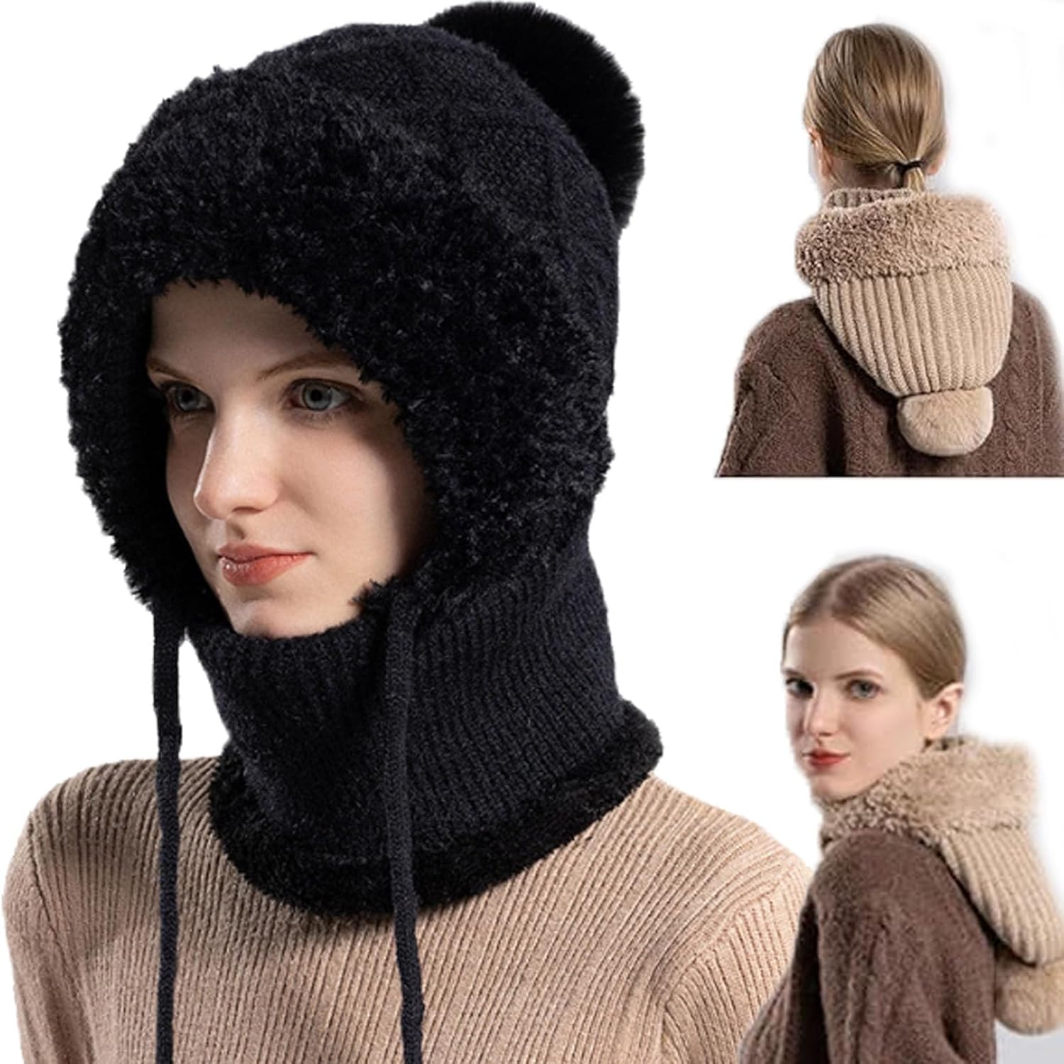 Women's Outdoors Windproof Scarf Hat, 3 in 1 Beanie Hat with Scarf and Mask