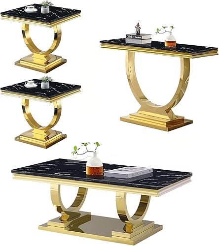Miniatura 12 de Juego de 2 mesas de café de mármol, juego de mesa de sala de estar de 2 piezas que incluye 1 mesa auxiliar y 1 mesa auxiliar, moderna mesa auxiliar