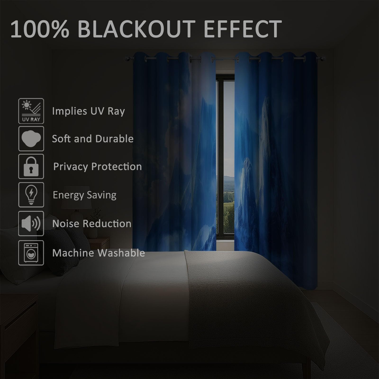 Verdunklungsvorhänge EIS Schnee Kinderzimmer Vorhänge Blickdicht, Blau Thermovorhang mit Ösen, für Schlafzimmer Fenster & Balkon Berge Wolken Nebel Filme - 110 x 215 cm (2er Set)