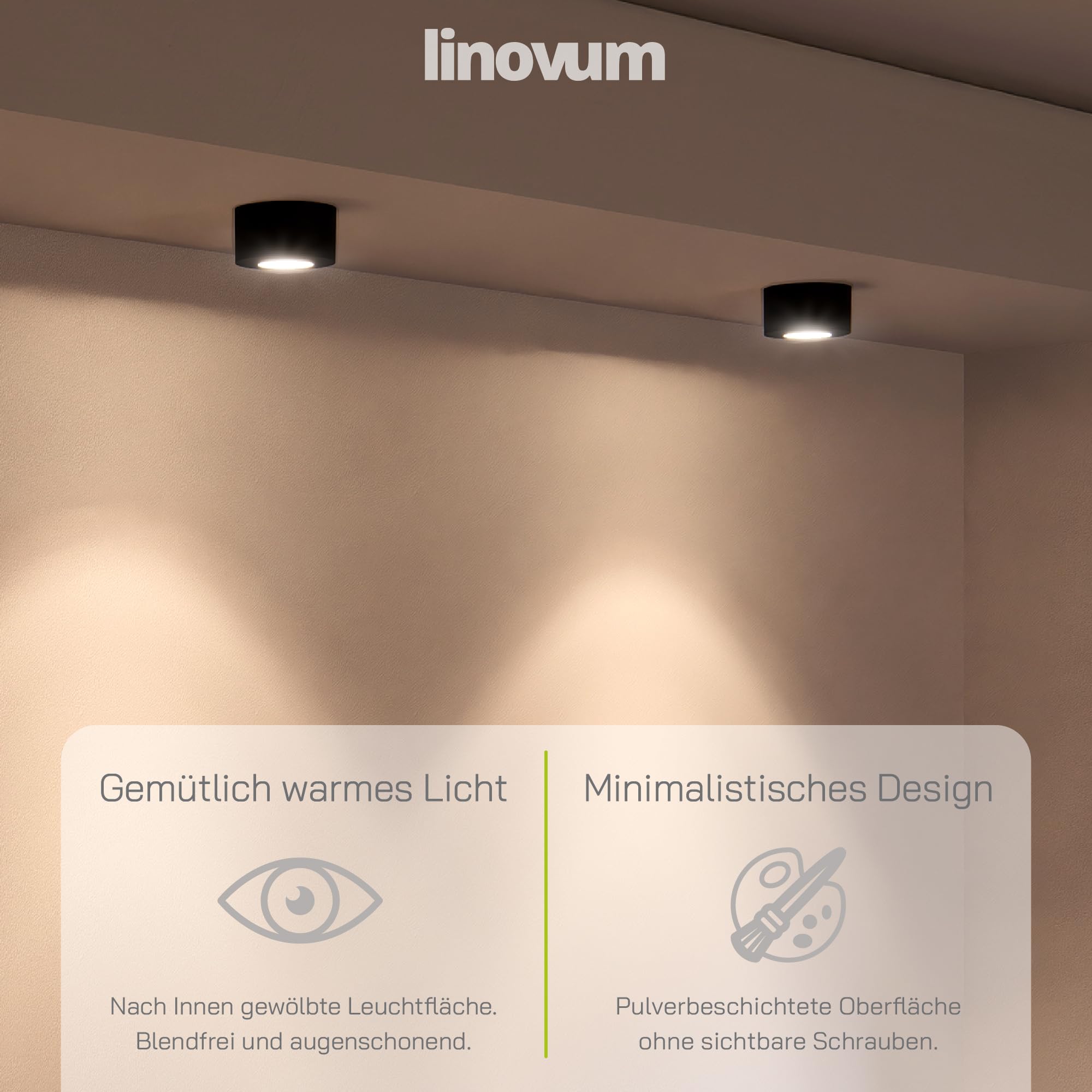 linovum TASI Aufbauspot schwarz rund flach Ø108mm 6W warmweiß Lichtfläche | Flacher Deckenspot schwarz - gewölbte Leuchtfläche, warmweiß, für Wohnzimmer, Flur & Büro, direkt an 230V, festverbaute LED