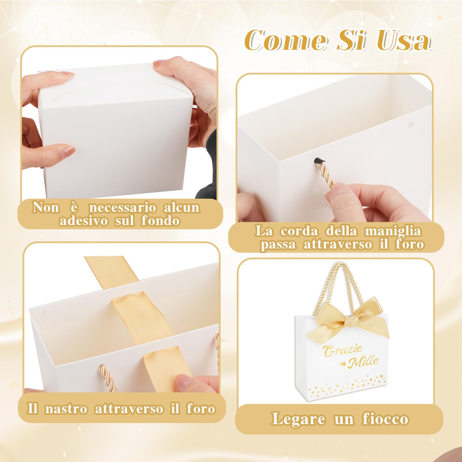 QIELSER 50 Mini Sacchetti Regalo Di Ringraziamento Con Manici – Bianchi, In Carta Kraft 300g – Con Nastri E Manici Dorati – 14x6,3x11,9 Cm