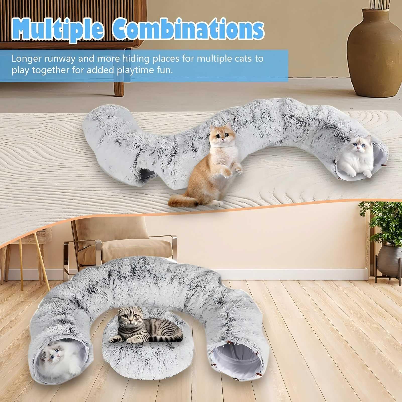 Tunnel Chat Pliable 2 en 1 avec Lit De Chat, Tunnel pour Chat D'IntéRieur avec Deux EntréEs Et des Balles Suspendues, Rond Tunnel Multifonctionnel pour Chats, Petits Lapins, Chiots Et Furets