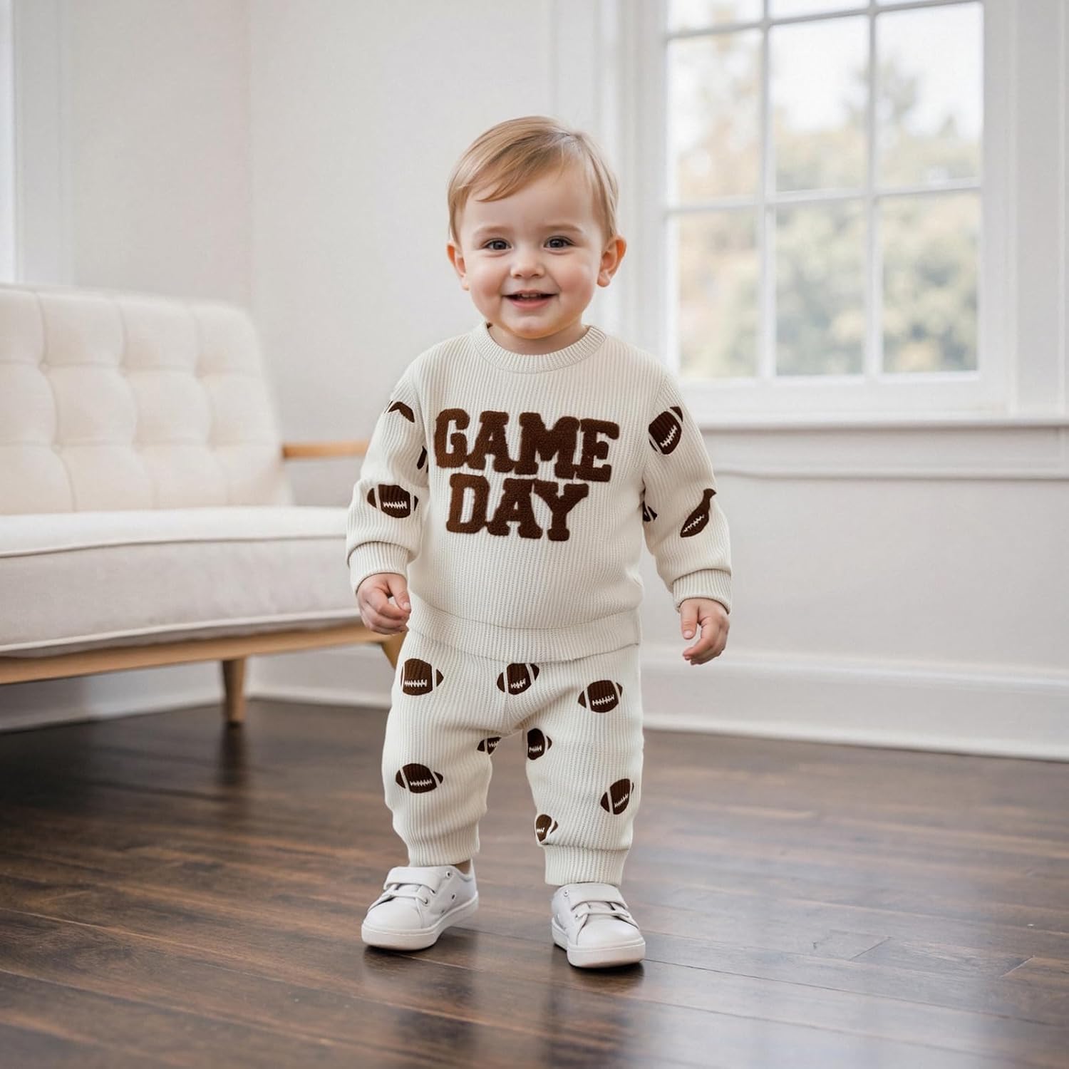 Baby Boy Football Outfit Toddler Waffle Knit Fall Clothes Long Sleeve Sweatshirt Pullover Jogger Pant Set - Image 4
