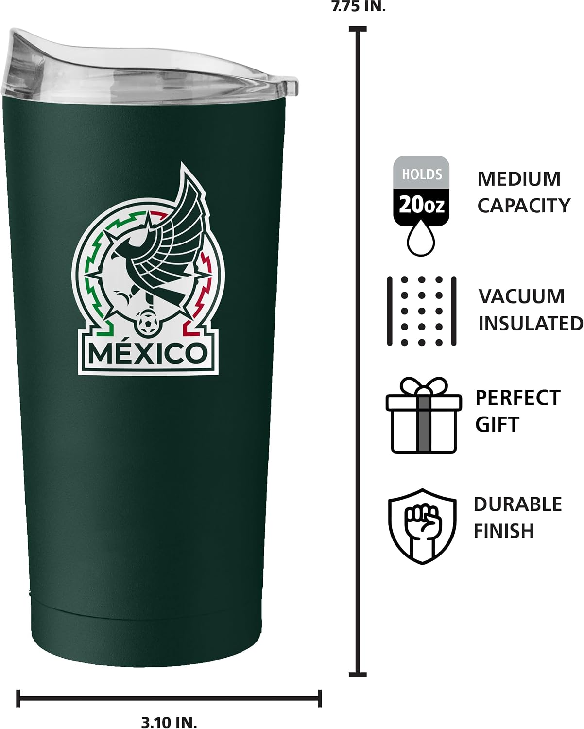 Logo Brands Mexico Men's National Soccer 20 oz Tumbler -Powder Coated-Stainless Steel– Leak-Resistant, Keeps Drinks Hot/Cold For Hours – Everyday Use