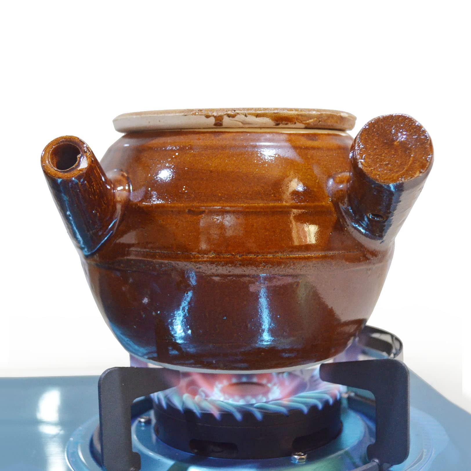 Cacerola de arcilla de 2400 ml, resistente al calor, hecha a mano, para servir con tapa, boquilla de sopa (todo marrón)