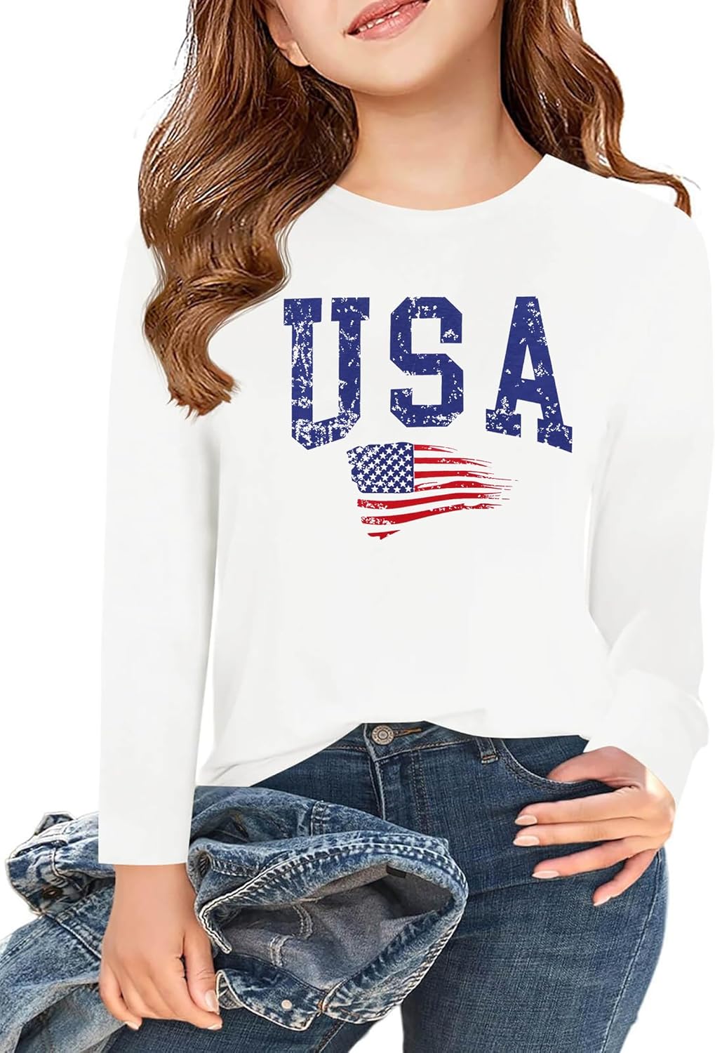 4th of July Outfit Kids Girls American T Shirt USA T-Shirt Fourth of July Tops Patriotic Long Sleeve Tops