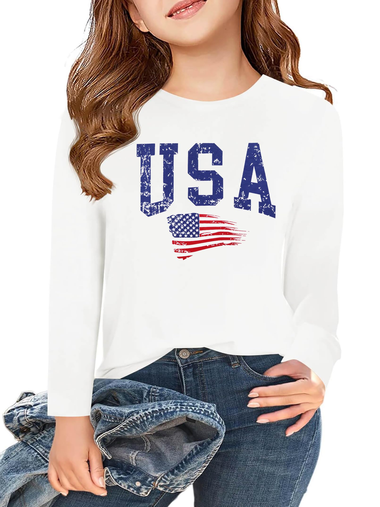 Ithalt 4th of July Outfit Kids Girls American T Shirt USA T-Shirt Fourth of July Tops Patriotic Long Sleeve Tops