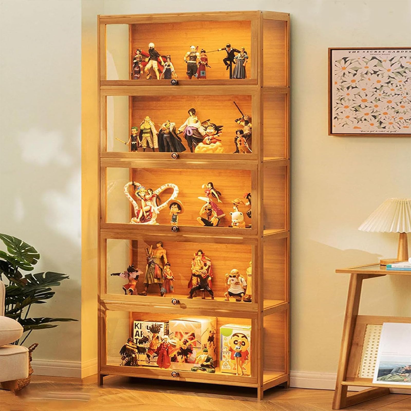 Standvitrine mit Acrylglas, 5 Böden Glas Vitrinenschrank, Dreiseitiger Transparenter Geschirrschrank, Bücherschrank mit Türen, für Wohnzimmer,Schlafzimmer,Büro (braune Klappe)