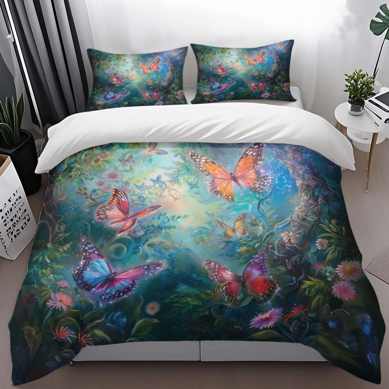 Housse de couette 140x200 violet vert bleu en microfibre avec 2 taies d'oreiller