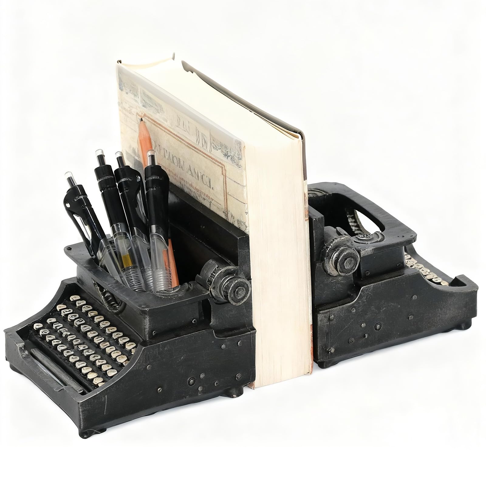 Book Ends Decorative Old Typewriter Pencil Holder Bookends Antique Style Book Stopper Vintage Typewriter Decor for Shelves,Home Office Decoration