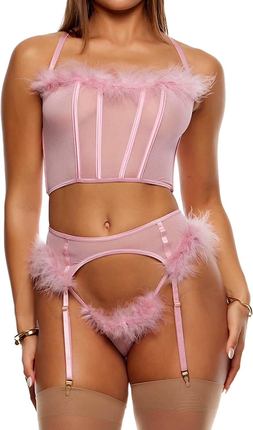 Forplay Women's Bare It All Mesh Marabou Bra and Garter Belt Lingerie Set Medium Mauve