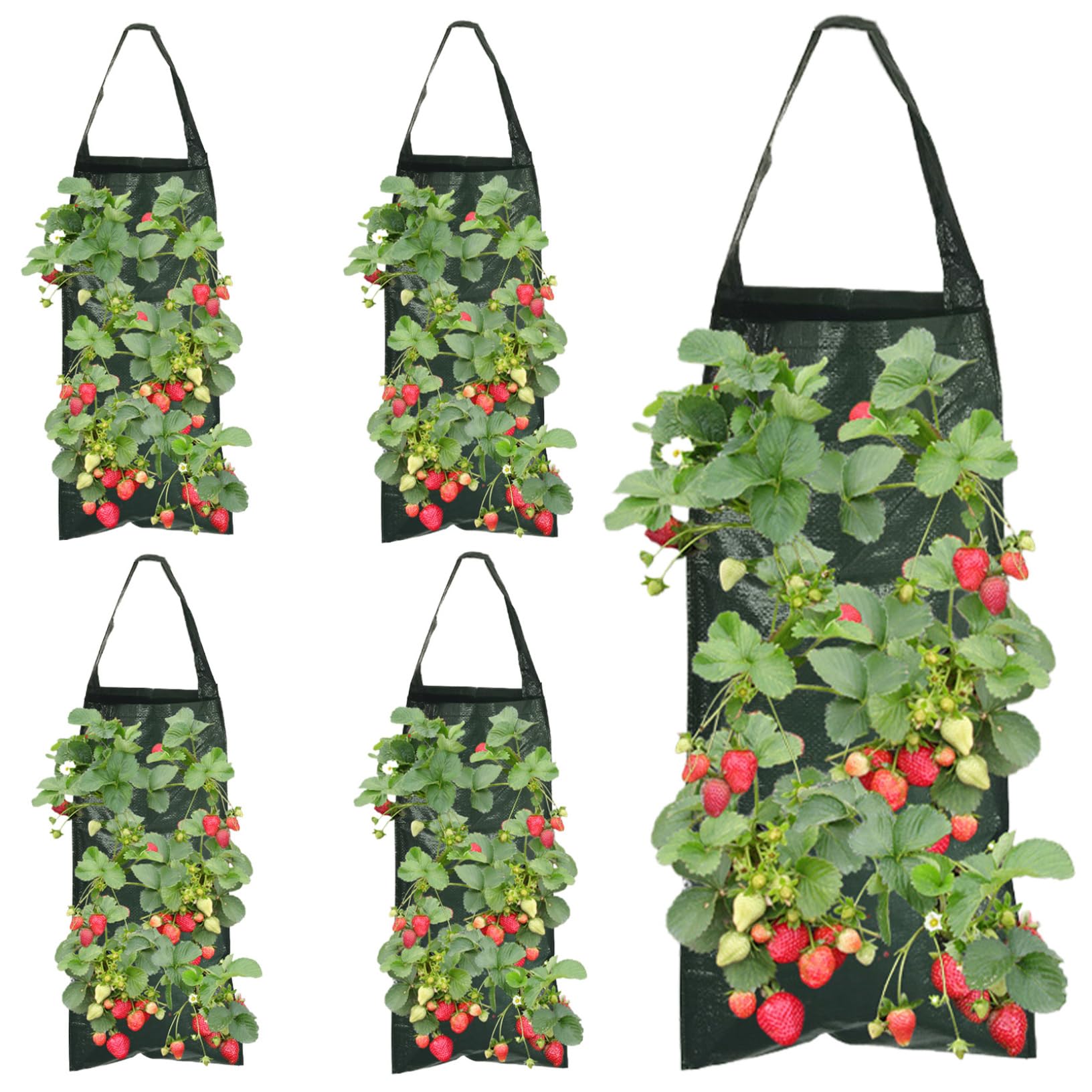 CNAFGBGG 5PCS Hanging Strawberry Planter, 23.6" 8 Hole Upside down Tomato Planter, Portable Hanging Grow Bags with Handle for Chili Herb Hot Peppers Vegetables.