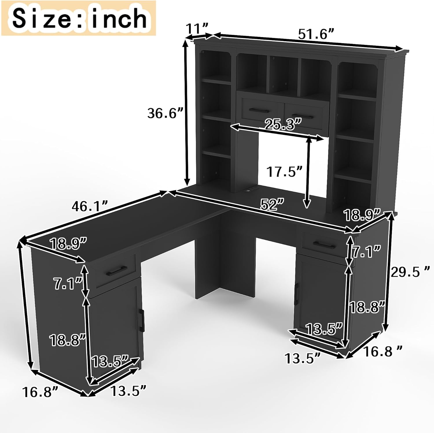 Modern L-Shaped Black Office Desk with Drawer,Wood Bookcase with Storage,Computer Desk for Home Office