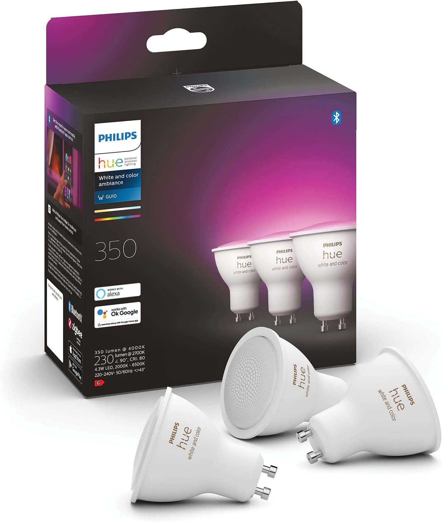 Philips Hue White & Col. Amb. GU10 Dreierpack 3x230lm