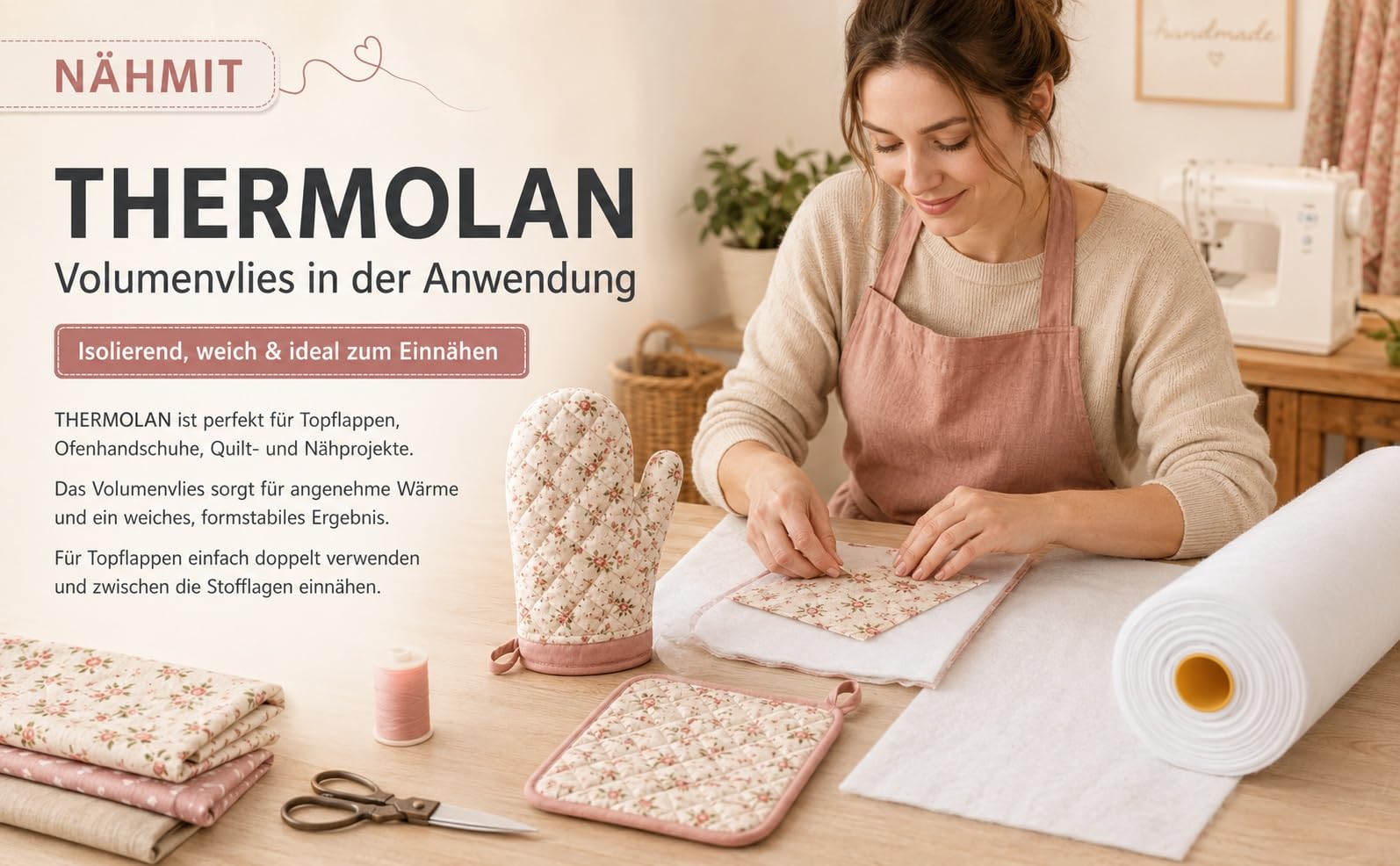 Nähmit THERMOLAN Volumenvlies 90 cm breit – wärmeisolierendes Nähvlies für Topflappen, Ofenhandschuhe, Quilt & Nähprojekte – 100% Polyester, Meterware (30)