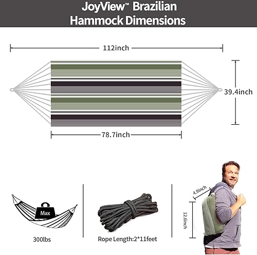 Miniatura 8 de JoyView Hamaca brasileña para hamaca portátil de una sola presión con cuerdas para colgar y bolsa de transporte, hamaca grande de algodón de 78.8 x