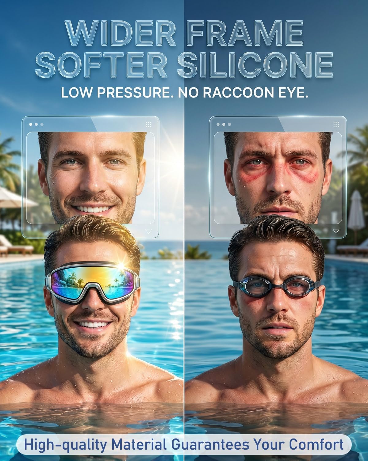 Swim Goggles, Wide View Swimming Goggle for Adult, Anti Fog & UV Sunglasses Goggles with Earplug & Quick-Release Buckle & Waterproof Bag, Leak Proof Goggle for Pool Beach Water Men Women Kids