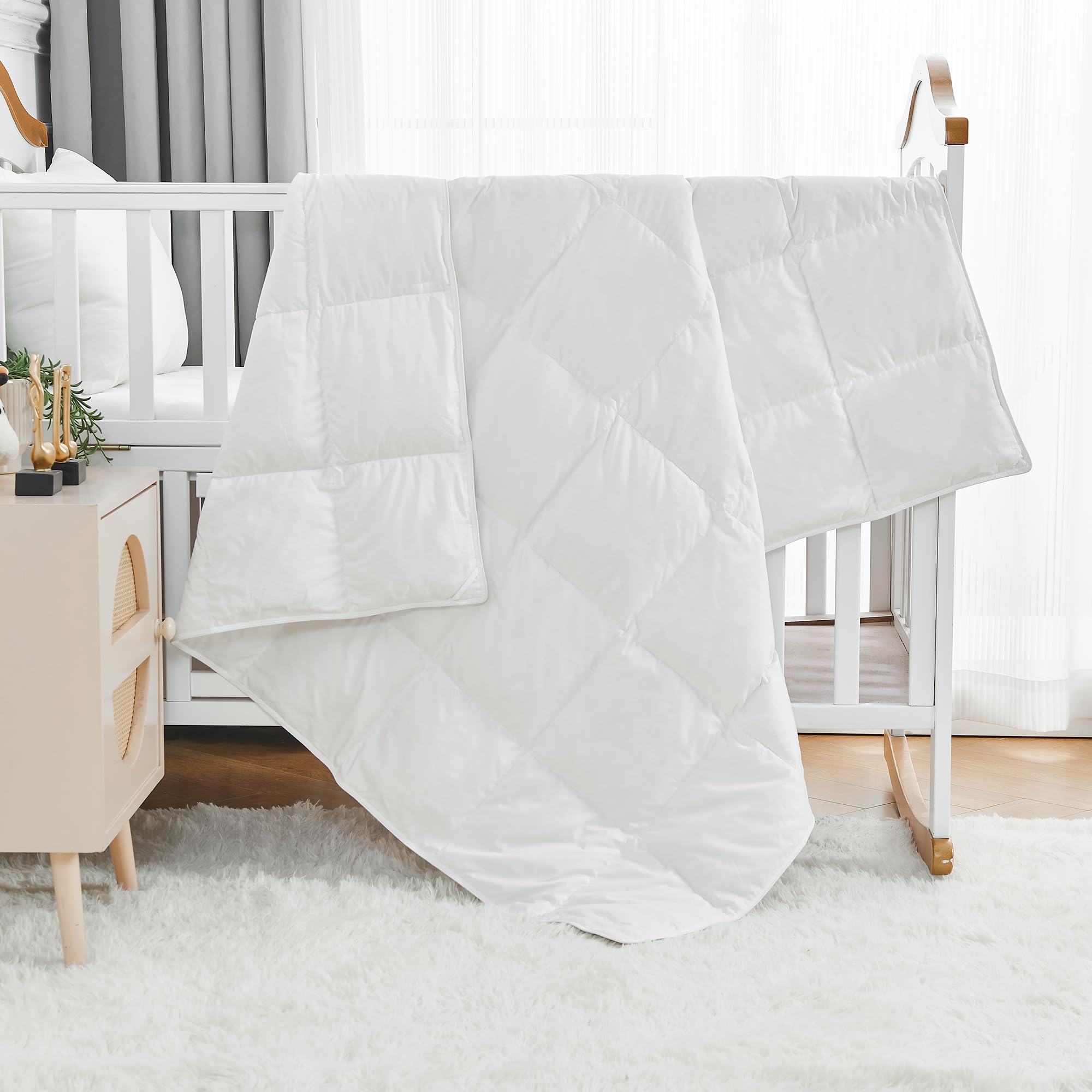 Edredón multifuncional de plumón de ganso para niños pequeños, de viaje, para cuna, 100 % algodón orgánico y lavable, unisex, para todas las estaciones, color blanco, 41 x 48 pulgadas
