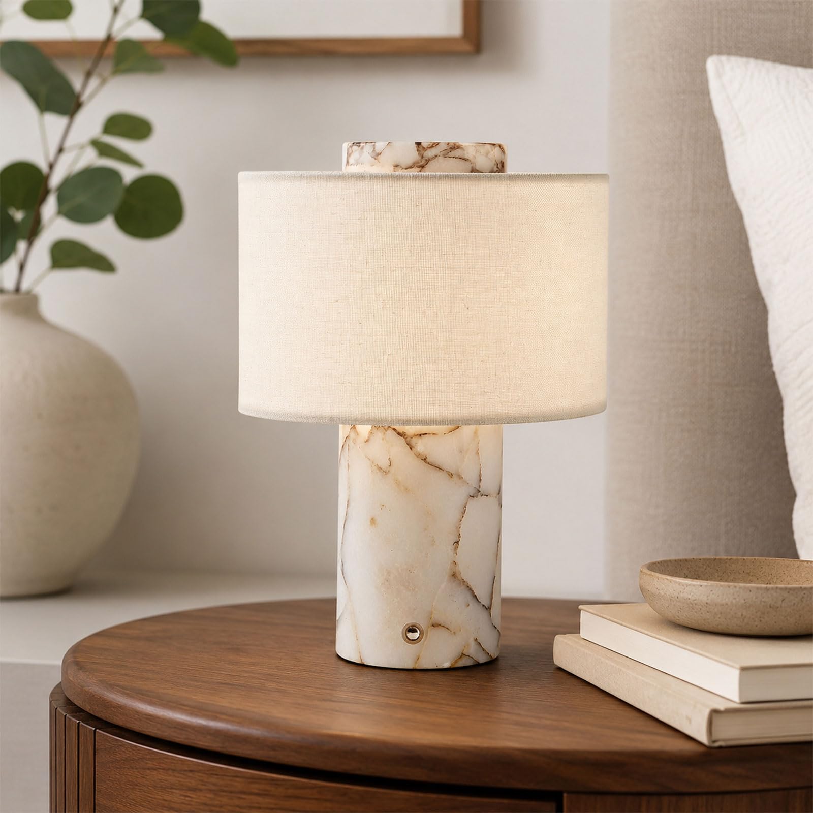KlkrzJwy Marble Table Lamp 5200mAh Rechargeable Cordless Stone Table Lamp LED Touch Dimmable Bedside Lamp With 3-Color Temperatures Beige Linen Nightlight For Bedroom Living Room Desk