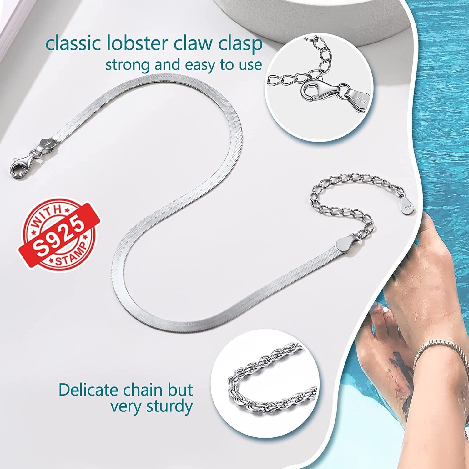 RWRAPS Cavigliera in argento S925, accessorio da spiaggia estivo per regalo di compleanno Patric per ragazze da donna (catena b) (argento b)