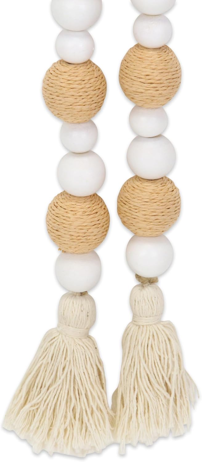 Kira White Wood and Brown Fabric Beaded Garland 6037