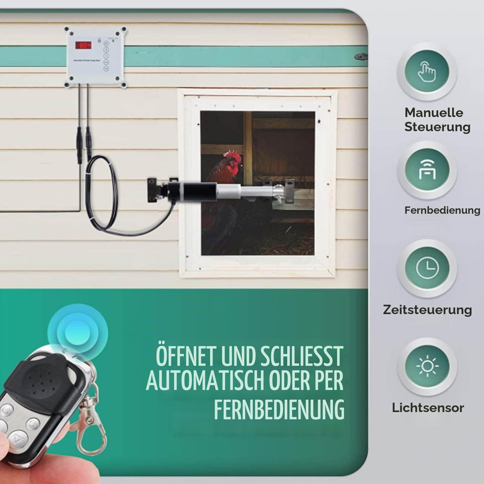 Automatischer Türöffner für Hühnerkäfige, Schließer mit Timer, Lichtsensor und Fernbedienung für den Lebensraum von Enten, Gänsen und Geflügel auf Dem Bauernhof, wasserdichte