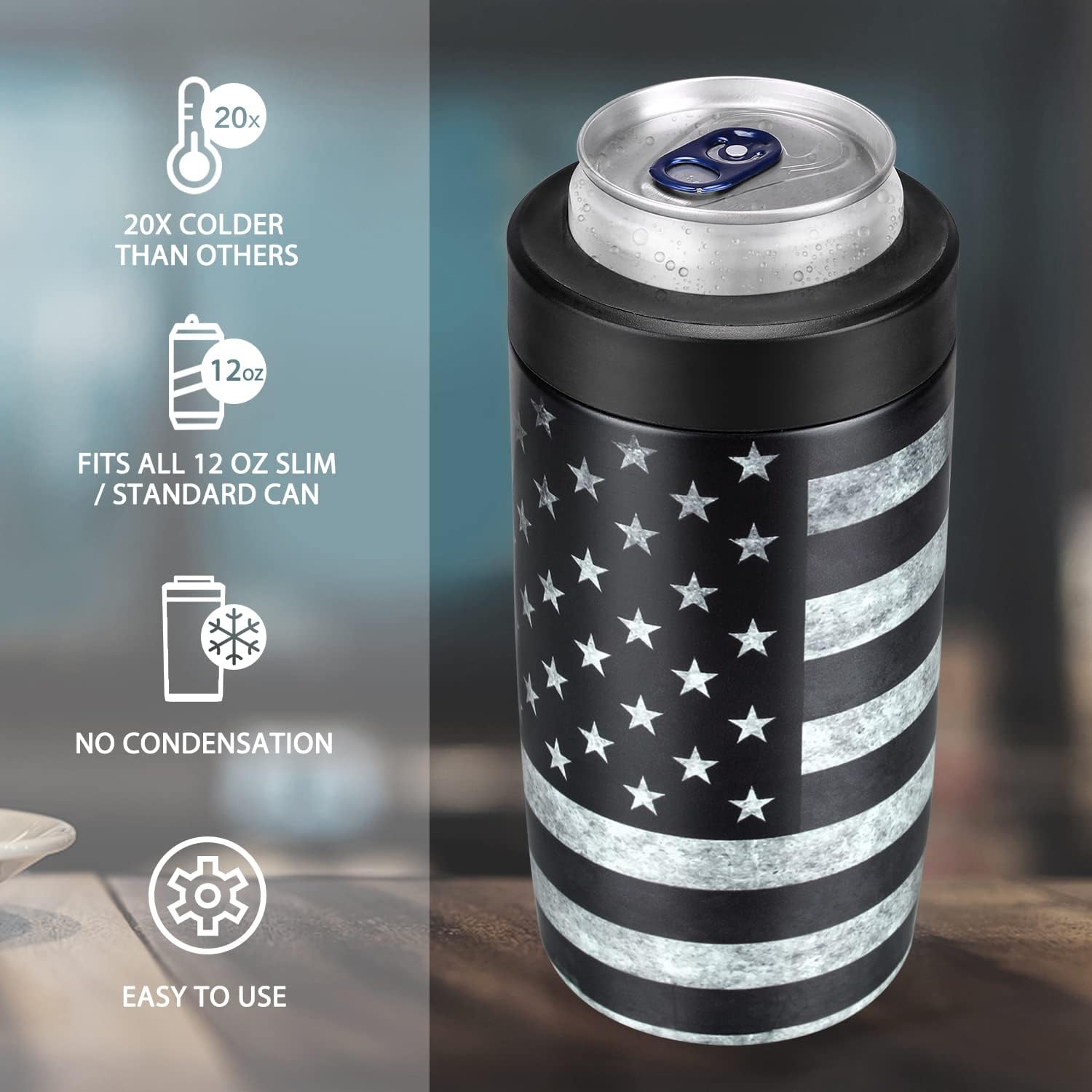 4-in-1 Slim Can Cooler Easy to Hold Insulated Beer Can Holder Double-walled Stainless Steel for All 12 Oz Cans Gift (Black America Flag 2) - Image 3