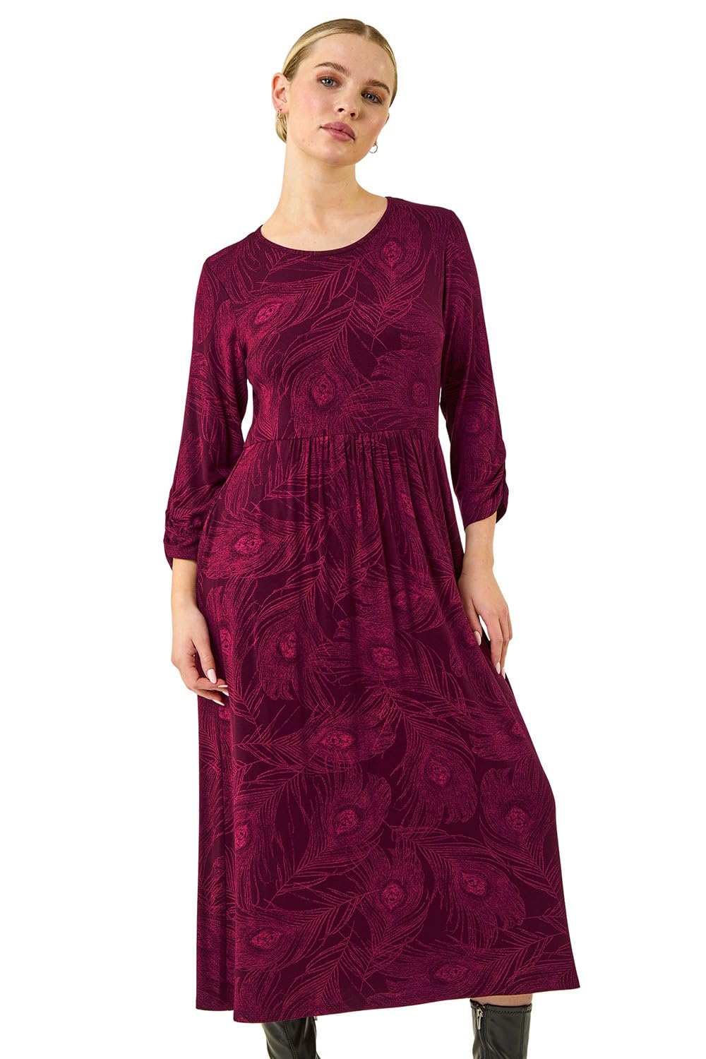 Roman Women's Magenta Petite Feather Print Stretch Midi Dress In | : Size 16