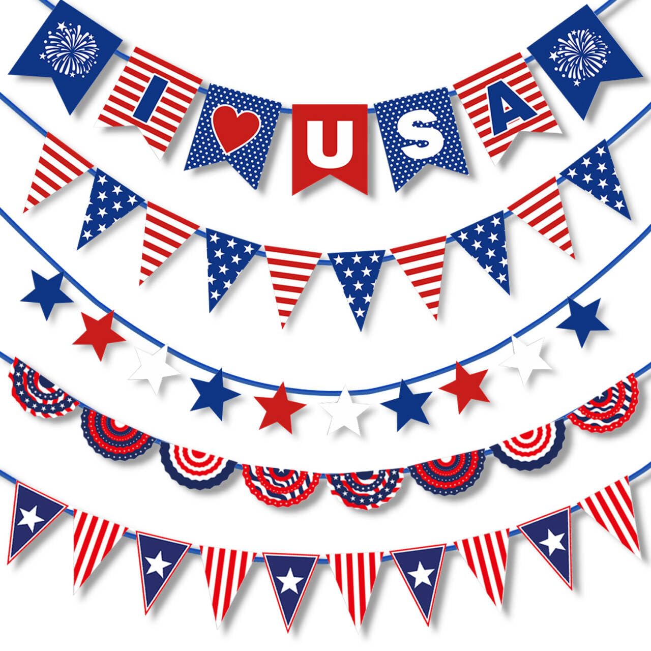 5 Pcs 4th of July Banner Independence Day Indoor USA Decoration Flag Bunting Garland Red White Blue Party Supplies Patriotic Decor