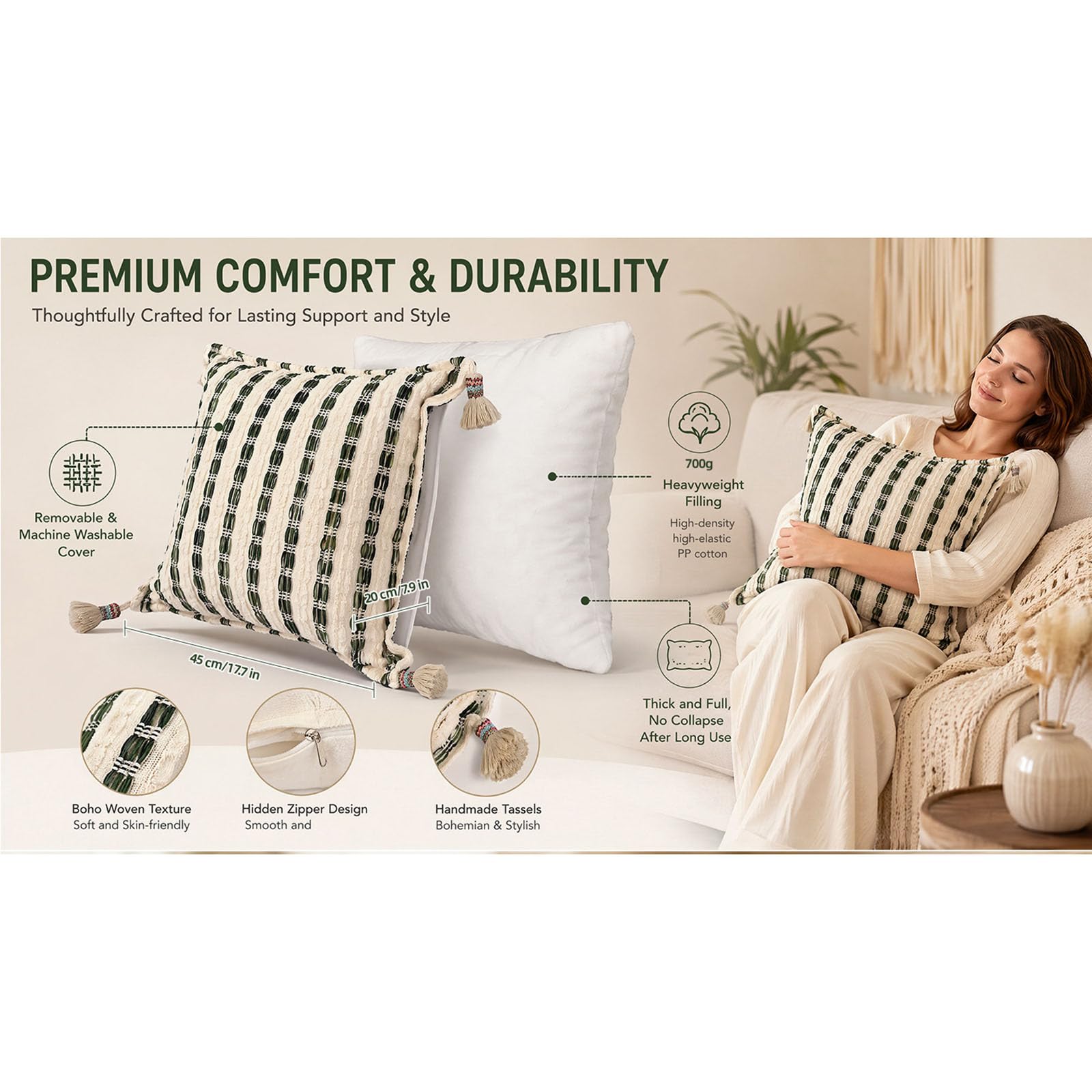 Cojín Cuadrado Decorativo de Terciopelo con Textura a Rayas con borlas e Inserto, 45x45cm, para decoración de sofá y Dormitorio, Funda de Almohada Decorativa con Inserto