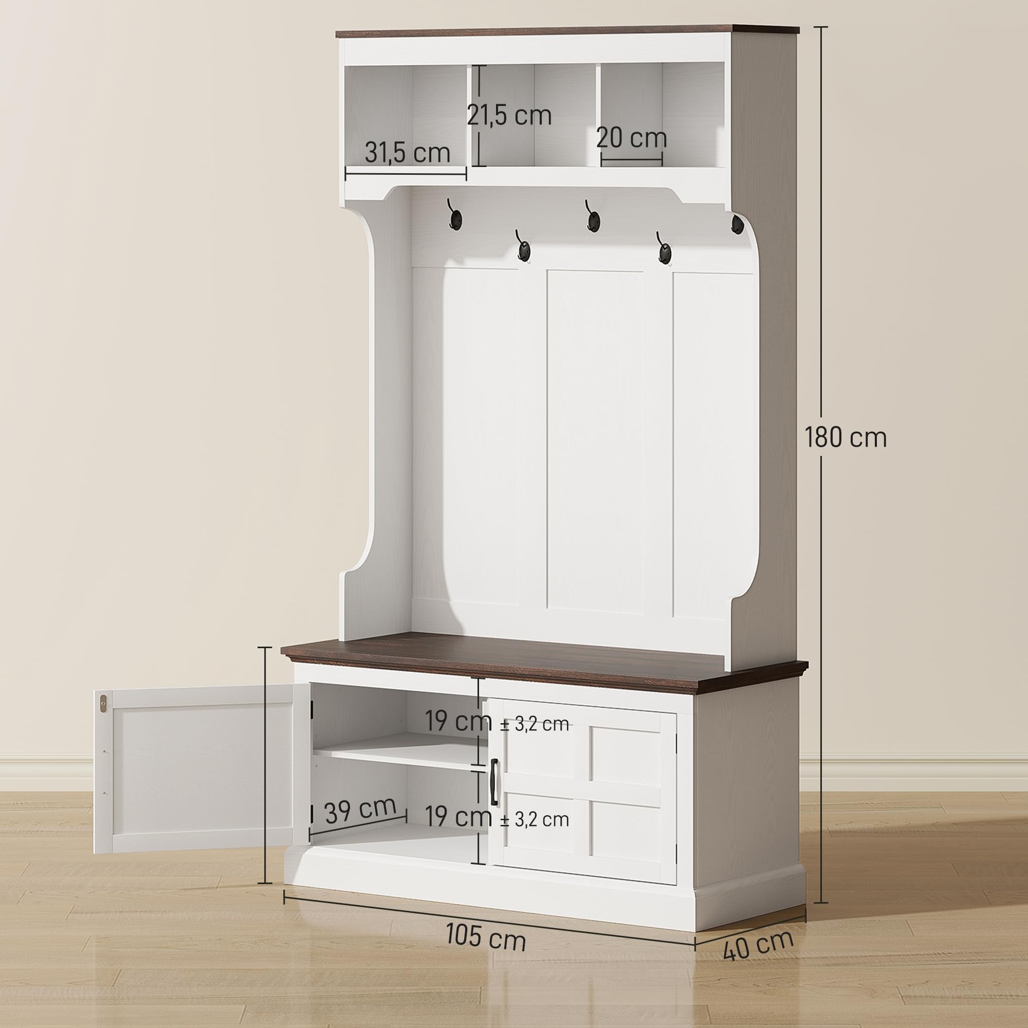 HOMCOM Perchero Zapatero Banco Zapatero 2 Puertas 105x40x180 cm Blanco | Perchero para Entrada Recibidor, 5 Ganchos, 3 Estantes Superiores, Estilo Rústico, para Salón Dormitorio Pasillo